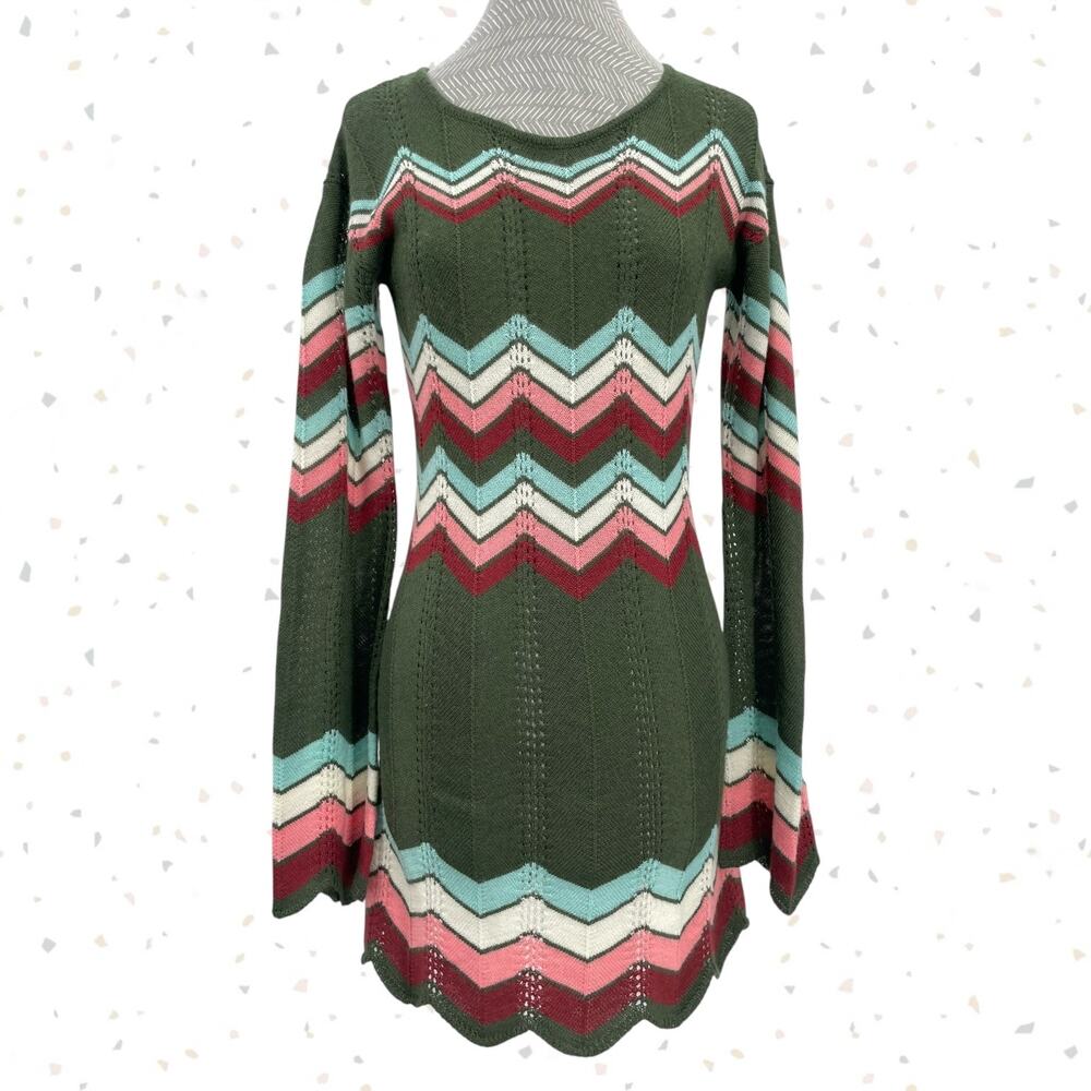 Stoned Immaculate Ziggy Dress Knit Chevron Green Pink Blue Long Sleeve Size M